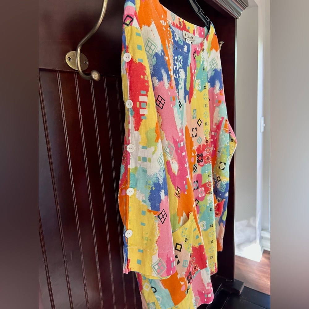 À LA CARTE Colorful Linen Abstract Print Tunic Top Boho Lagenlook Art to Wear XL - Picture 4 of 16